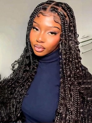 Braids Wig Triangle Knotless Braided Wigs for Women Curls Wig Braided Lace Front Wigs Full Double Lace Braid Wigs 24" Black,YS11