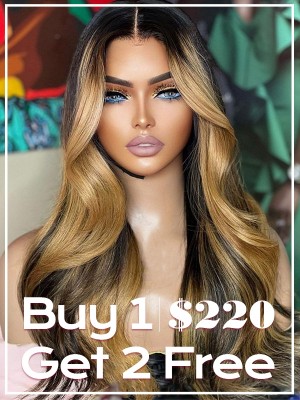 YSwigs Buy 1 Send 1 Free Long Wavy Dark Hair with Skunk Stripe Golden Blonde Highlights Lace Front Wigs,YS481
